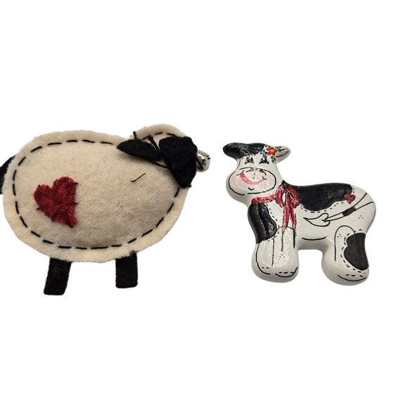 Brooch 2PC Set Farm Animals Cute Handcrafted Dairy Cow Sheep Heart Love Pet Pins - Picture 8 of 12